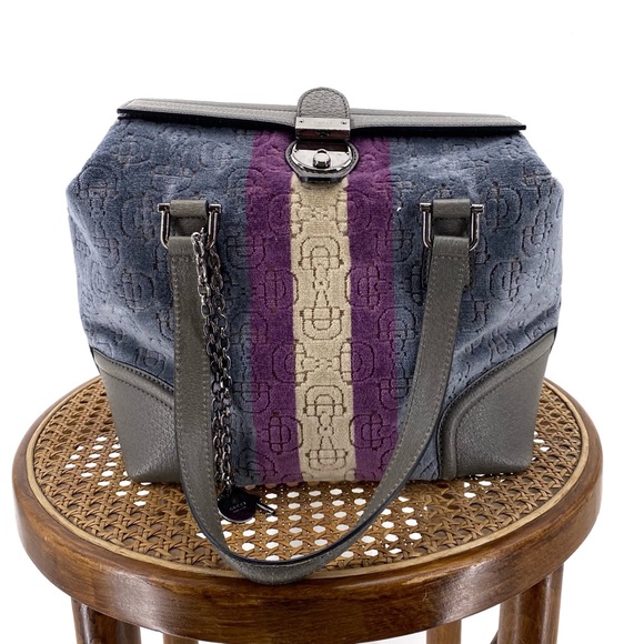 Gucci gray, blue, purple, and cream padlock top satchel purse